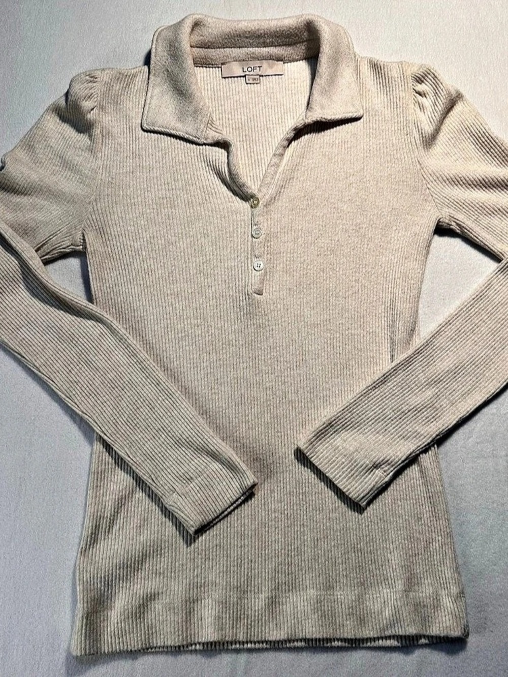 LOFT Oatmeal Cream Ribbed Knit Henley Polo Sweater Top Academia Preppy Softgirl